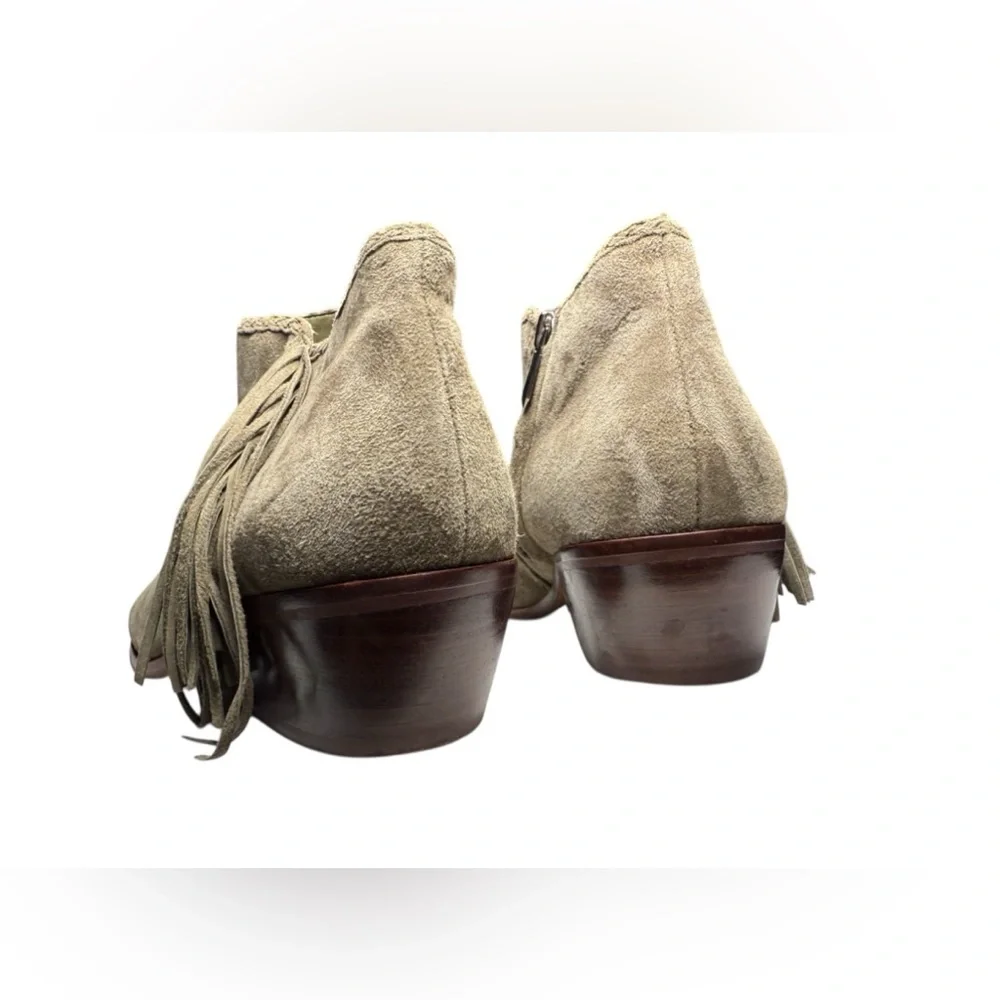 Sam Edelman Paige Fringe Gray Suede Boho Wooden Heel Ankle Booties